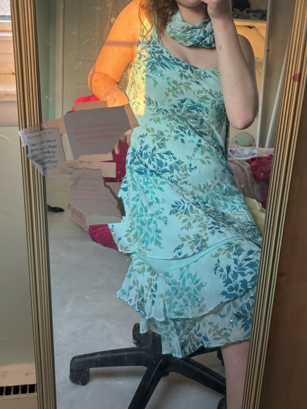 2000s Y2K Dress Barn blue ish teal Beaded Floral Layered midi Dress & Scarf